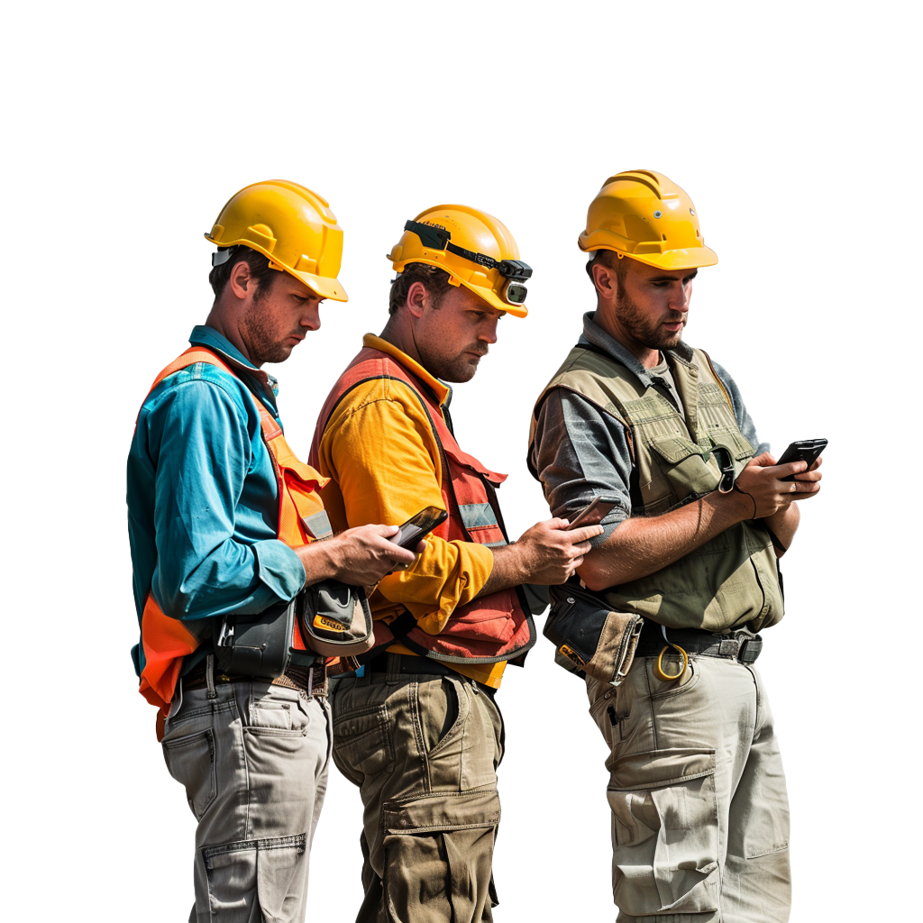 Three men, standing, wearing hard hats, looking at rugged devices.