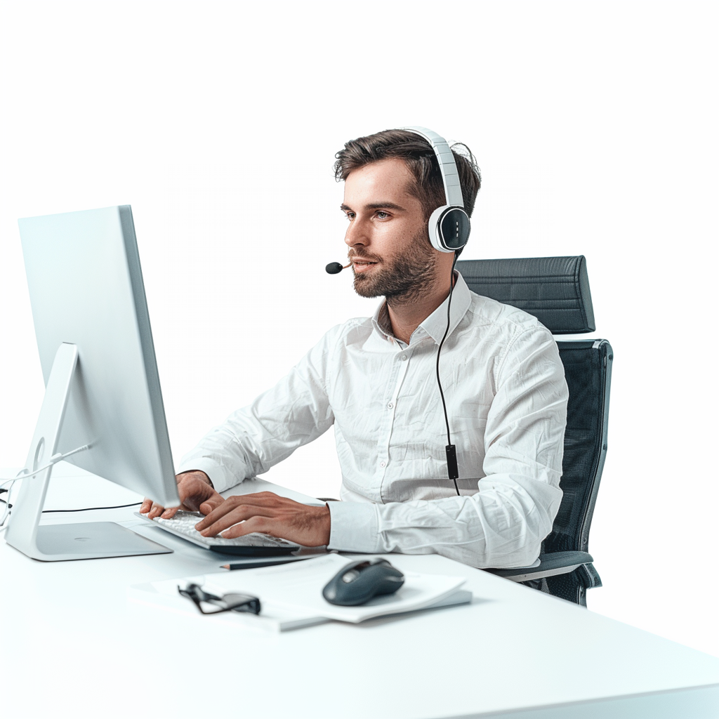 A man in an office setting, working customer support wearing a headset and using a desktop computer.