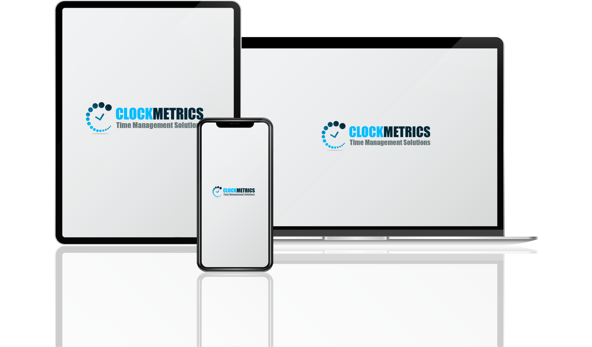 Multiple devices displaying the ClockMetrics logo