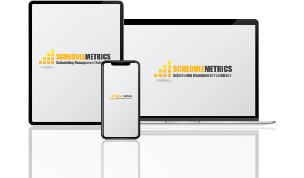 Multiple devices displaying the ScheduleMetrics logo