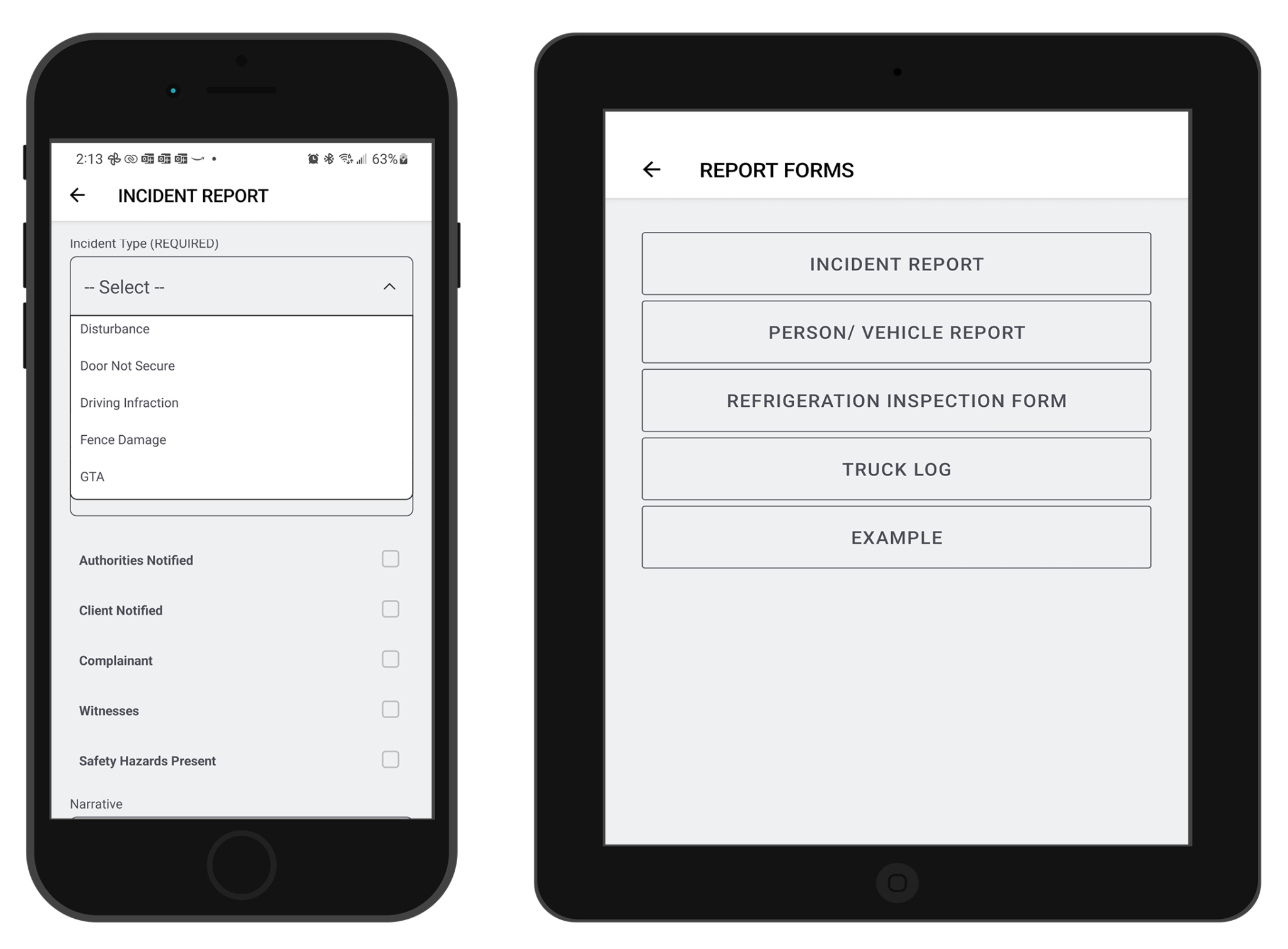 Two phones, showing different report forms from the MetricsGroup mobile app