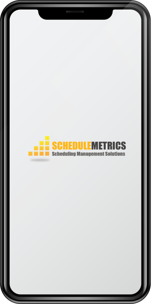 A mobile phone displaying the ScheduleMetrics logo