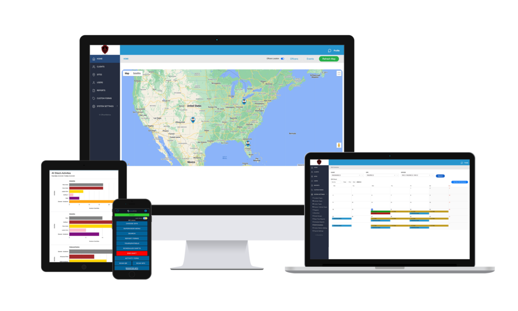 multiple devices displaying various screens from the officermetrics suite of MetricsGroup.