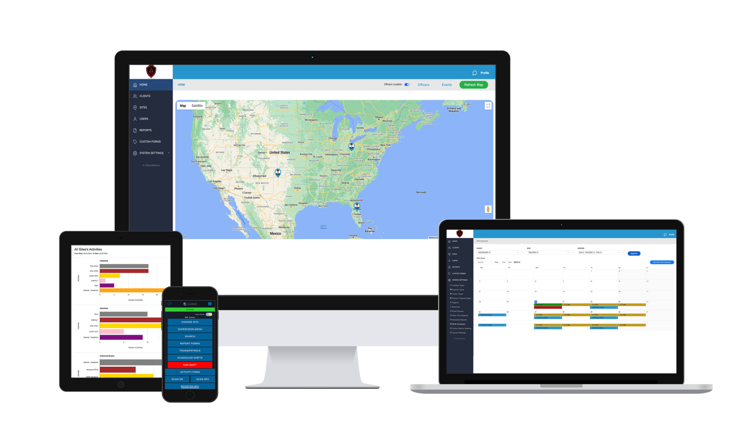 multiple devices displaying various screens from the officermetrics suite of MetricsGroup.