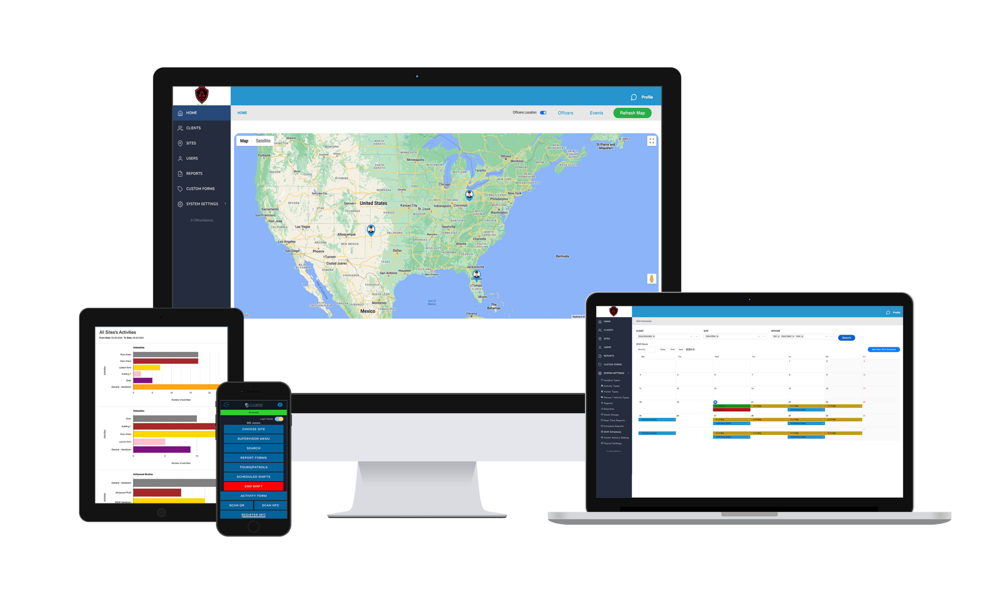 multiple devices displaying various screens from the officermetrics suite of MetricsGroup.