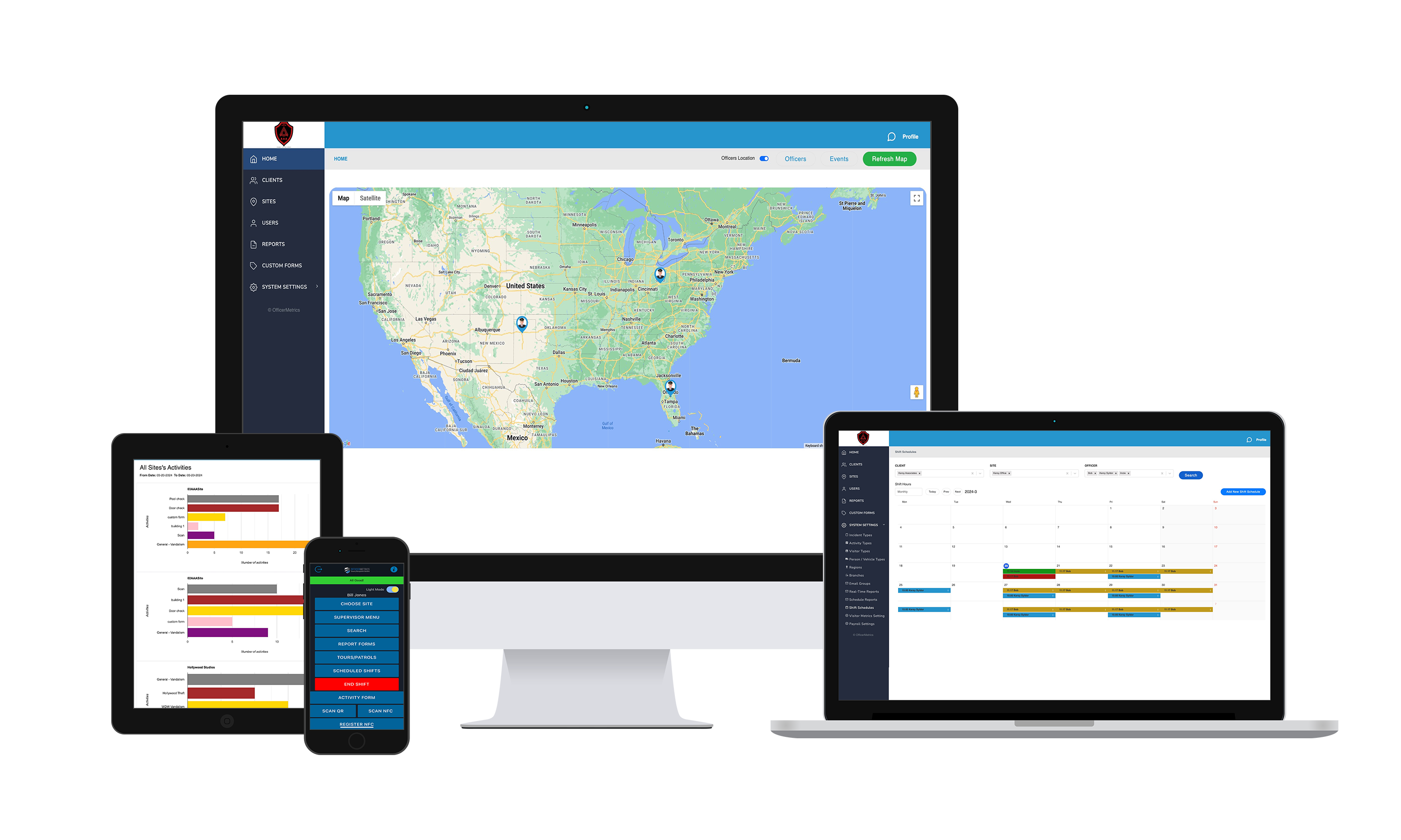 multiple devices displaying various screens from the officermetrics suite of MetricsGroup.