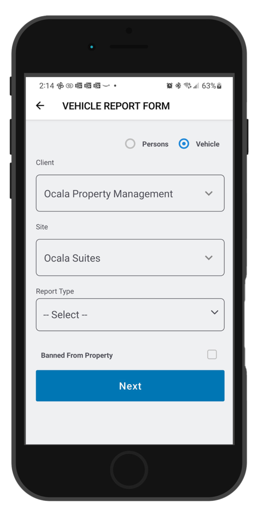 mobile device displaying a Screenshot of a vehicle report form from the MetricsGroup mobile app