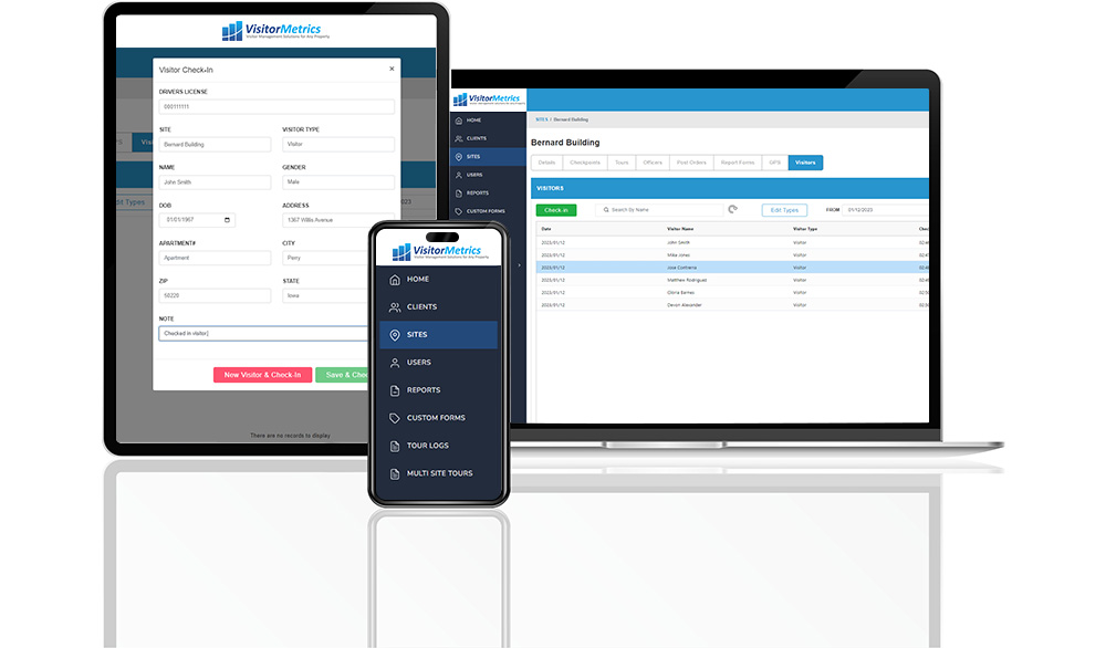 multiple devices displaying various screens from the VisitorMetrics suite of MetricsGroup.