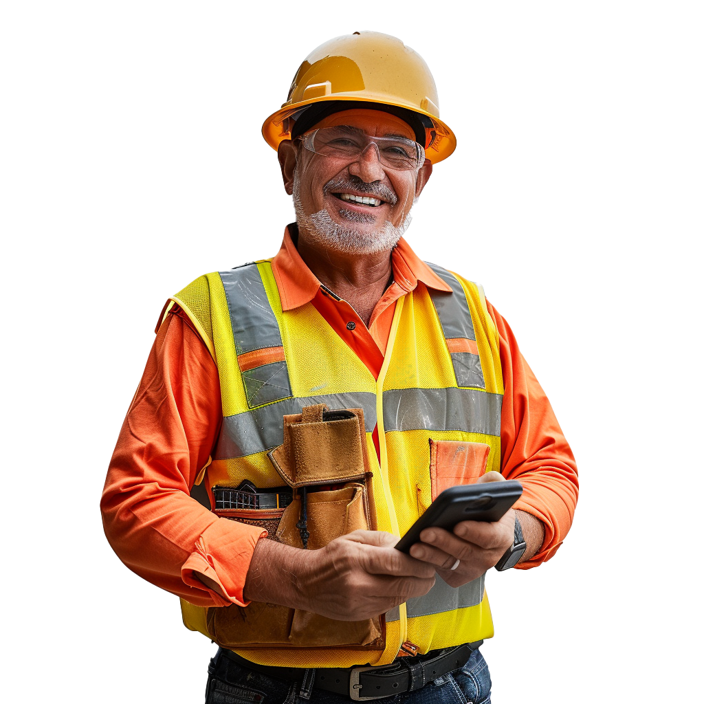 A smiling old man, in hazard clothes, holding a phone, inviting.