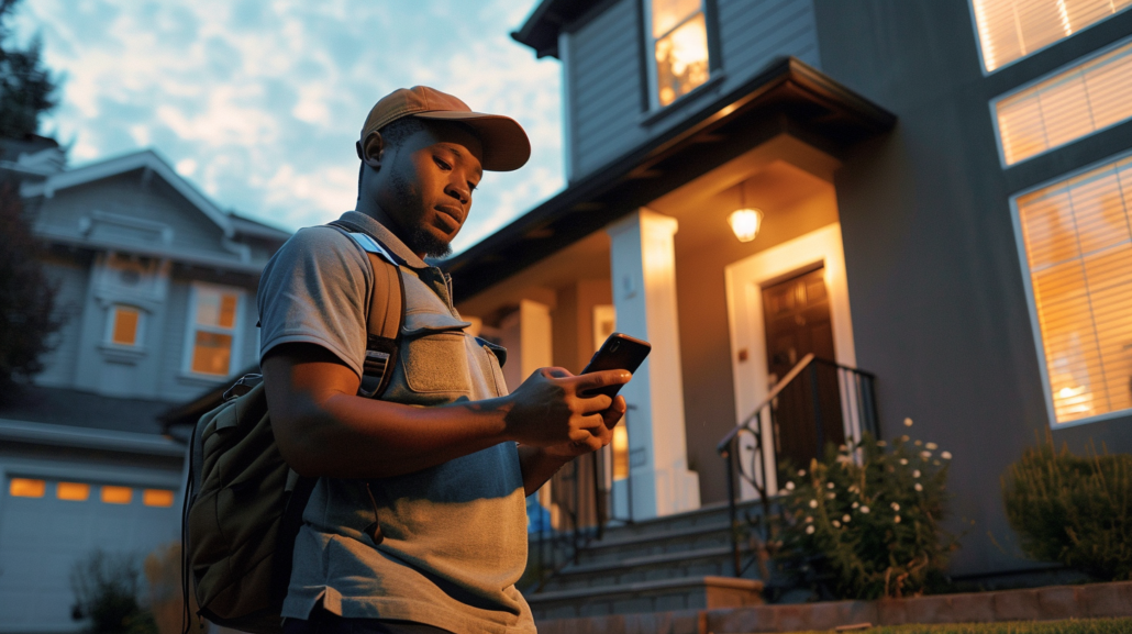 A man outside, making a delivery, holding his mobile phone.