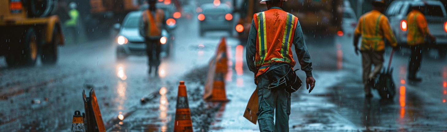 Men in hazard uniforms working outside in rugged conditions.