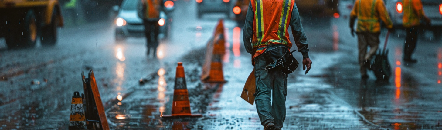 Men in hazard uniforms working outside in rugged conditions.