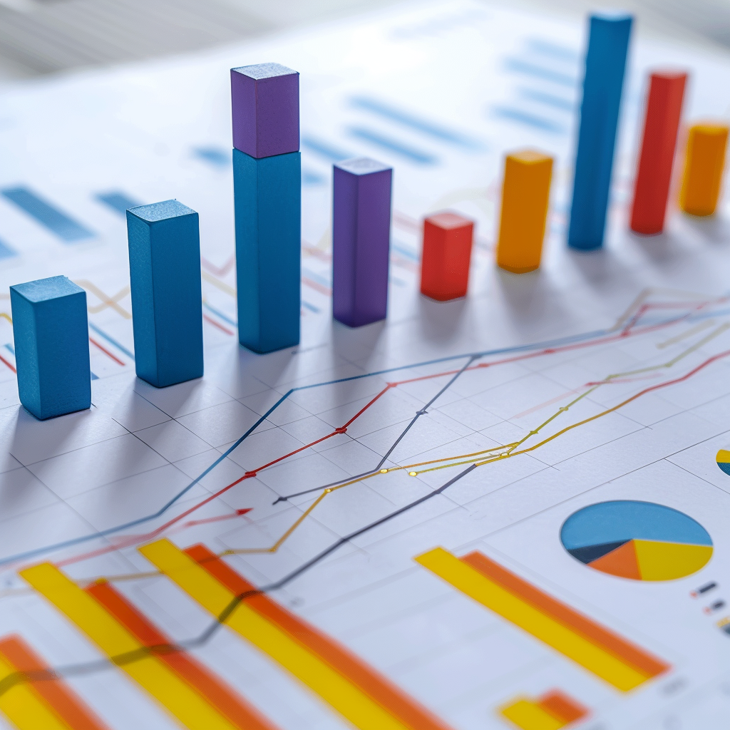 3d bar chart with other graphs, representing data analysis