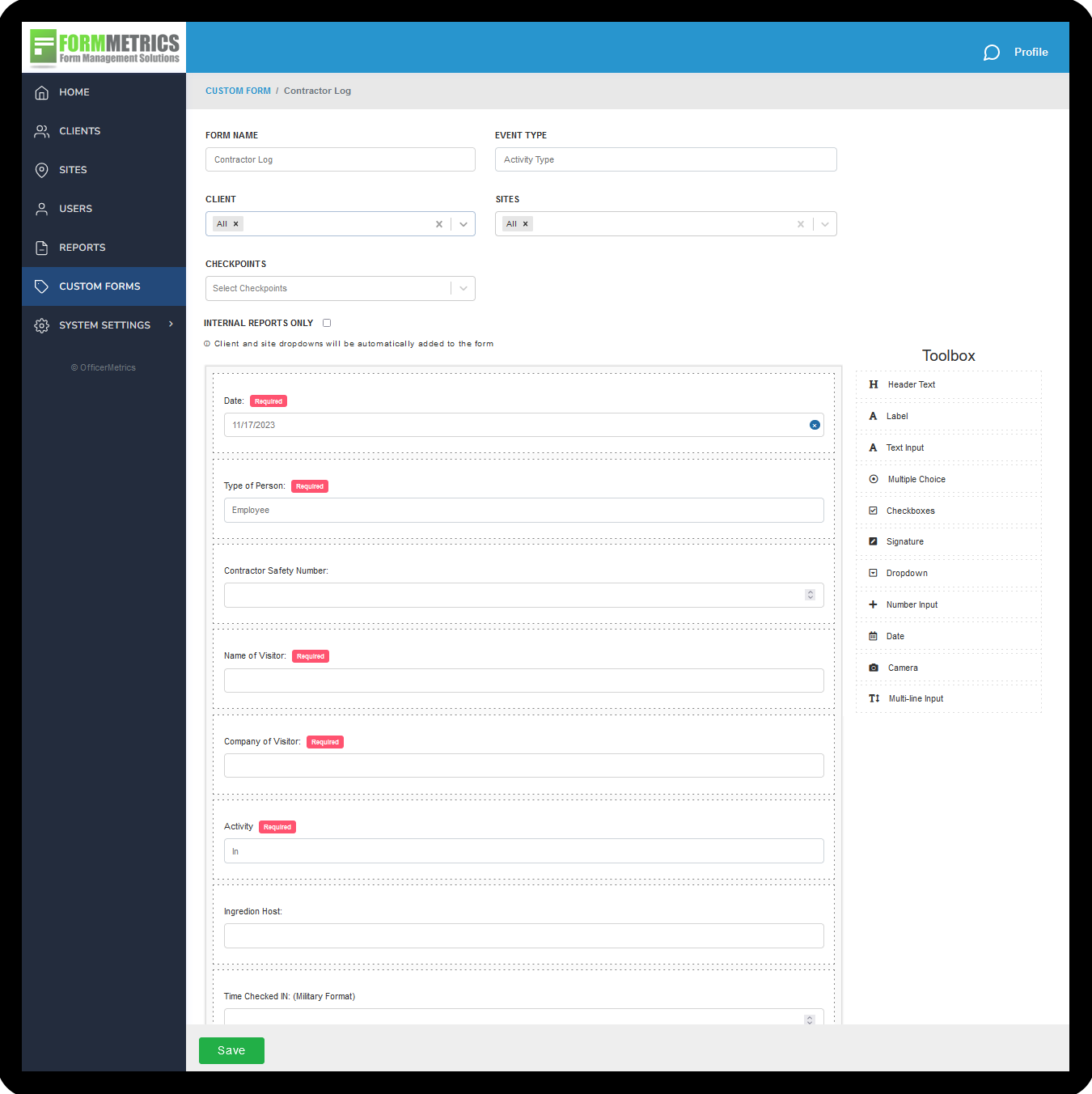 A screenshot of FormMetics' custom form UI