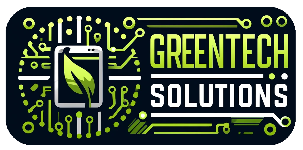 Logo for a company called GreenTech Solutions, green, shows a leaf with some gears.