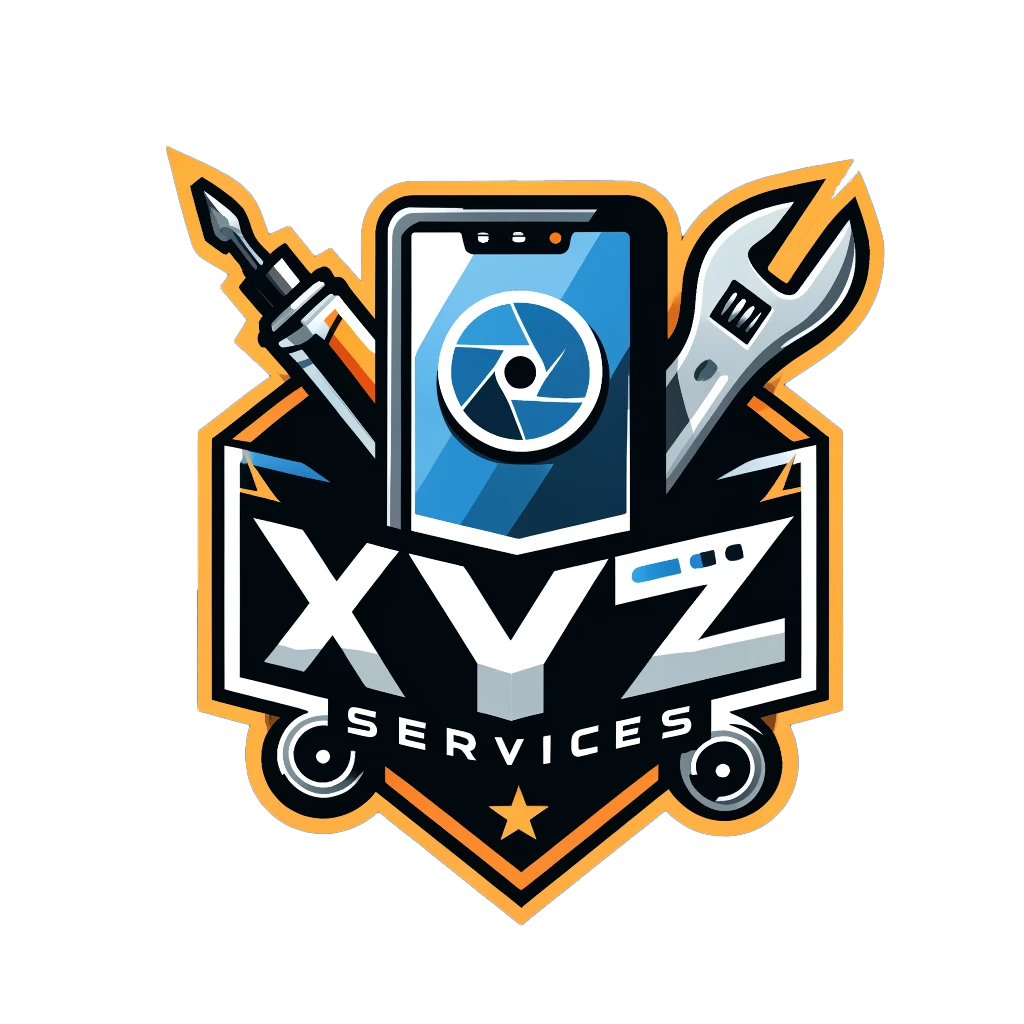 Logo for a company called XYZ services. shows a phone, a drill, and a crescent hammer.