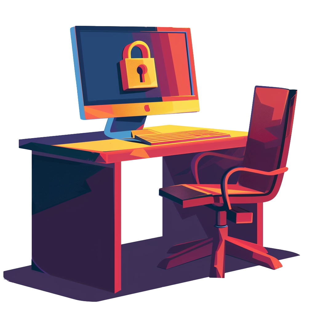 SVG style graphic of a computer on a desk, with a lock over the screen, indicating enhanced security.