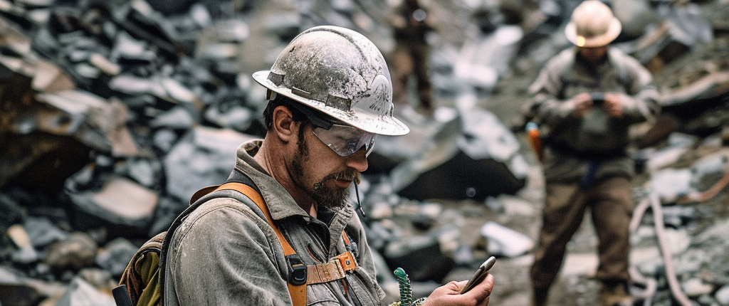 Man outside in rugged working conditions, using a phone, wearing a hard hat.