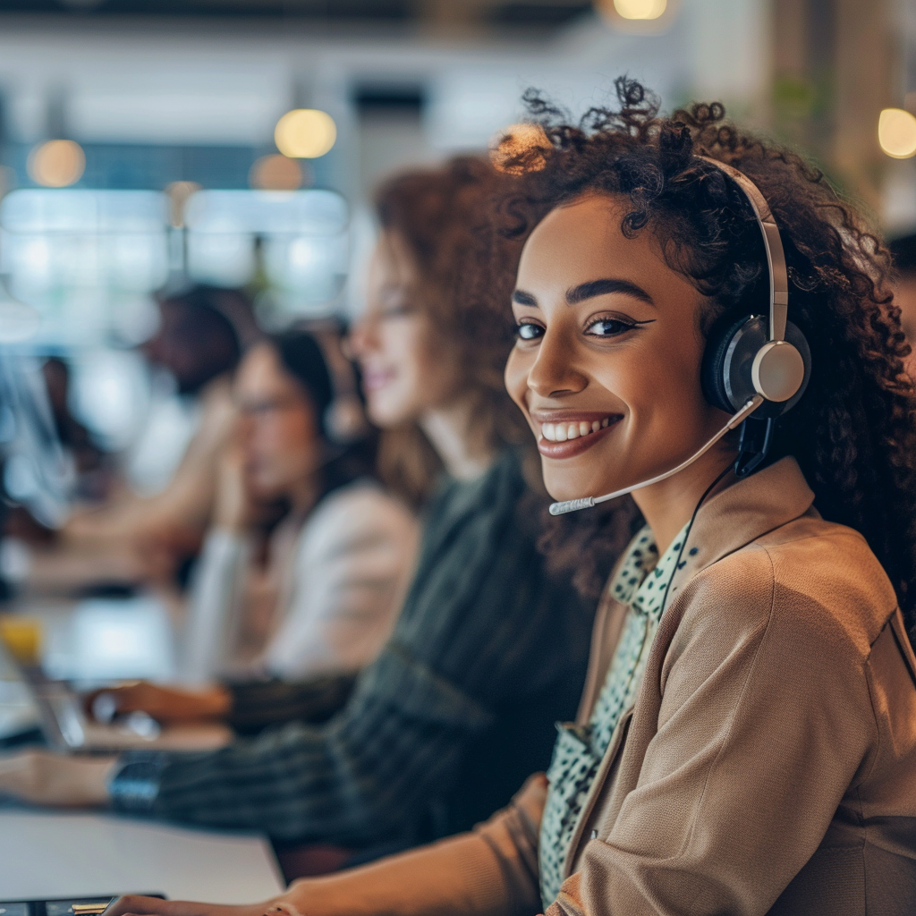 A woman smiling, wearing a head set, answering calls in a call center.