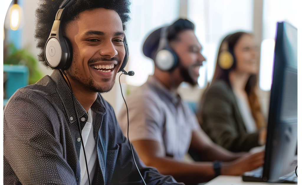 Art of people in a call center, mainly focusing on a man wearing a headset, presumably answering a customer support call.