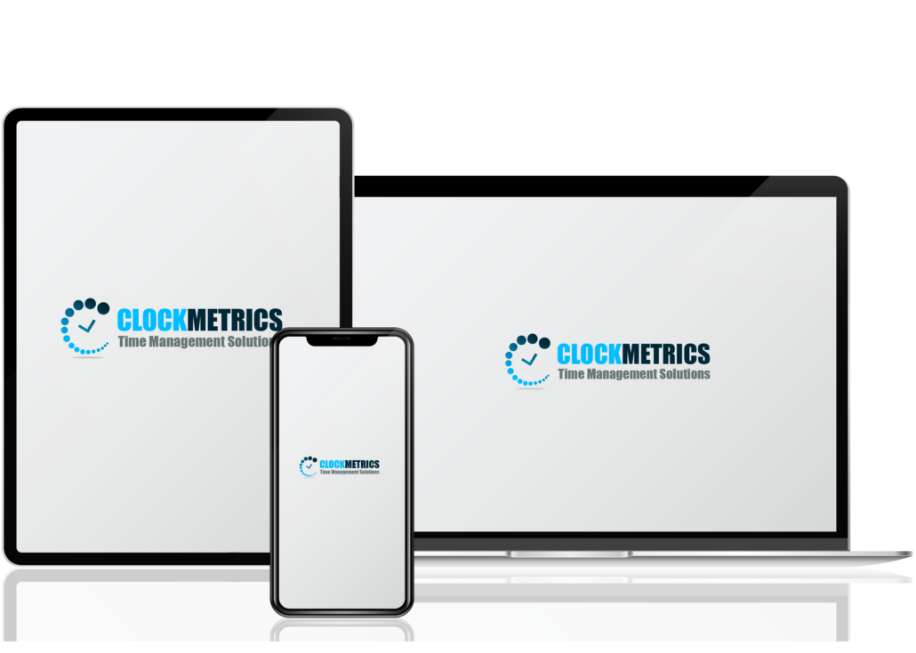 Multiple devices displaying the ClockMetrics logo