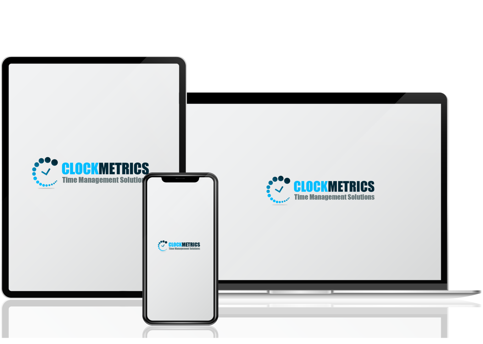 Multiple devices displaying the ClockMetrics logo