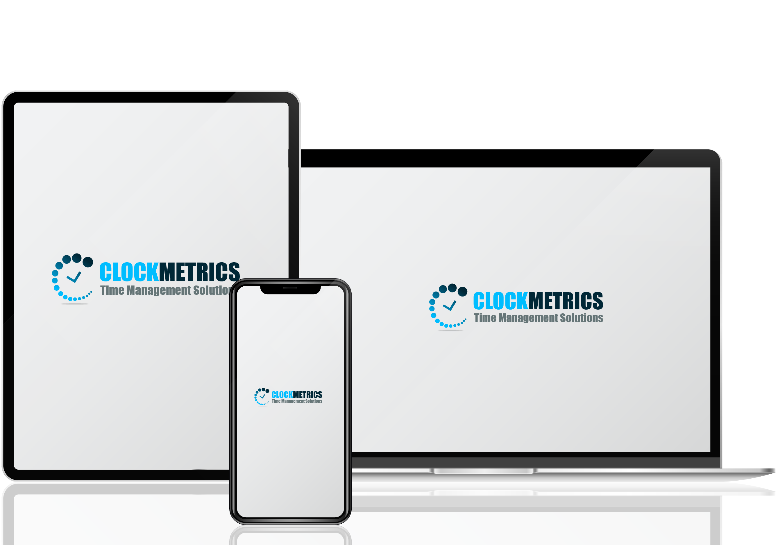 Multiple devices displaying the ClockMetrics logo