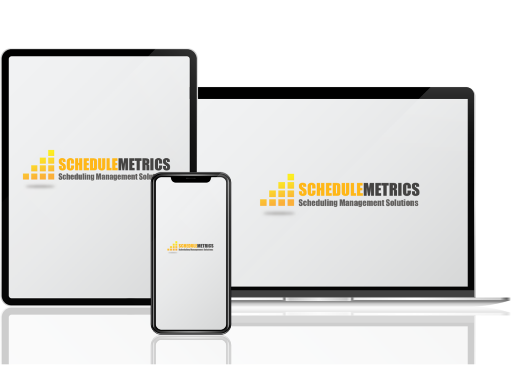 Multiple devices displaying the ScheduleMetrics logo