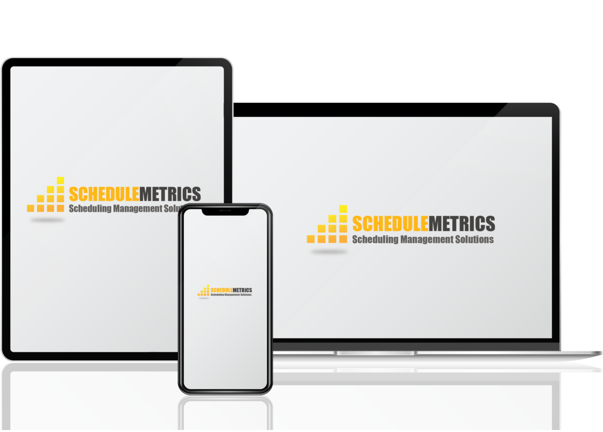 Multiple devices displaying the ScheduleMetrics logo