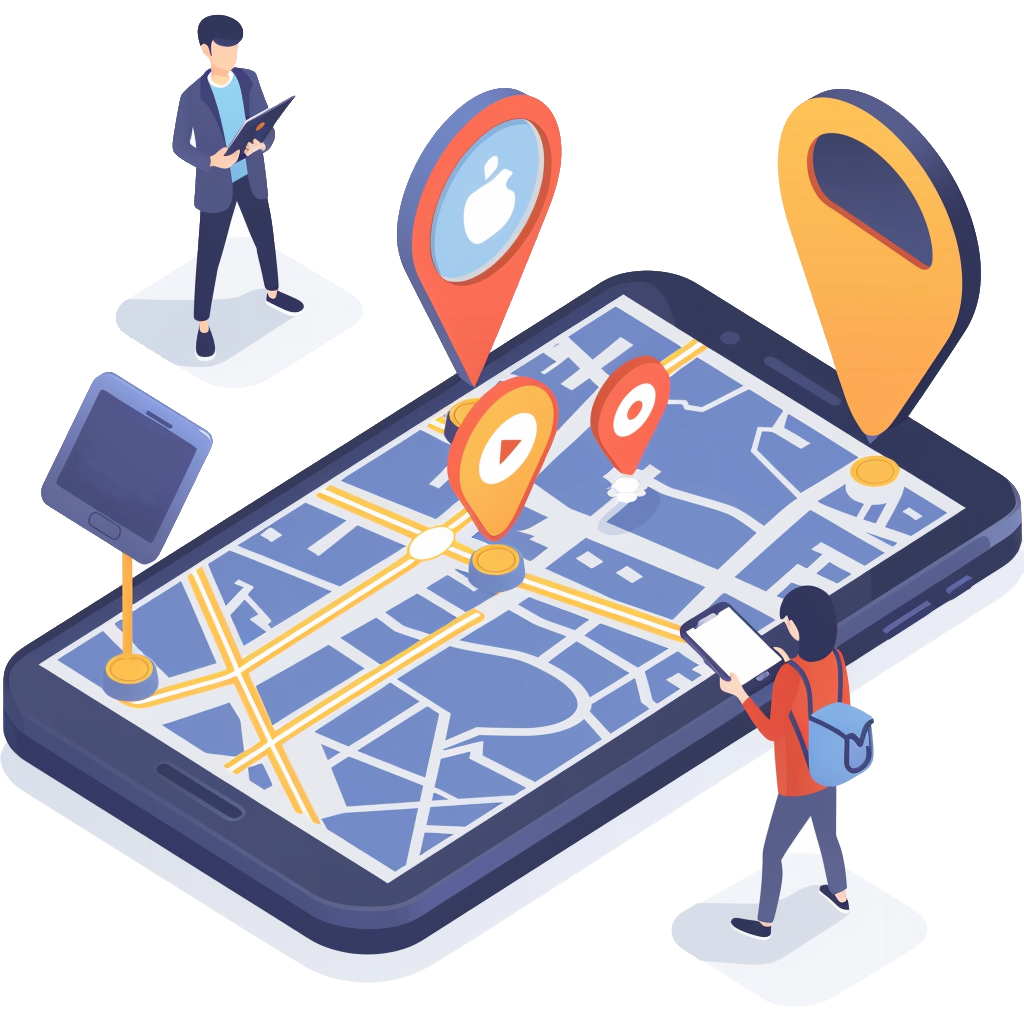 An SVG style graphic, people using mobile devices, with an illustration of a map. Meant to illustrate workers using gps technology.