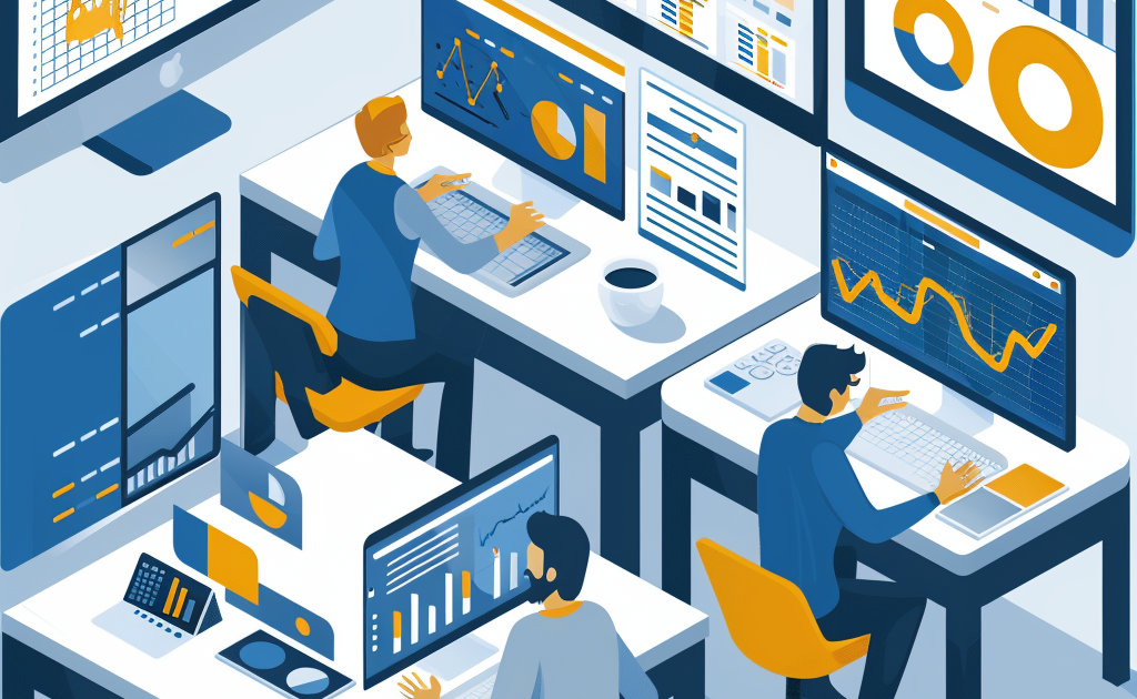 An SVG graphic of people working in an office setting ,analyzing data.