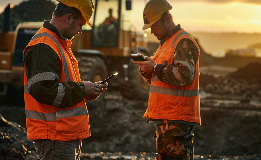 Two men, at a work site, in orange vests and hard hats, using rugged mobile phones.
