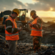 Two men, at a work site, in orange vests and hard hats, using rugged mobile phones.