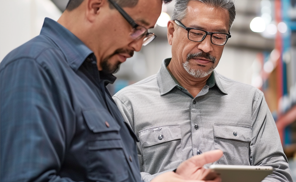 Two men, concentrating, looking down at a mobile phone and tablet.