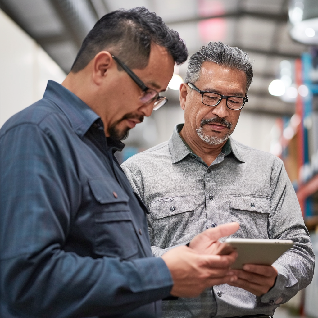 Two men, concentrating, looking down at a mobile phone and tablet.