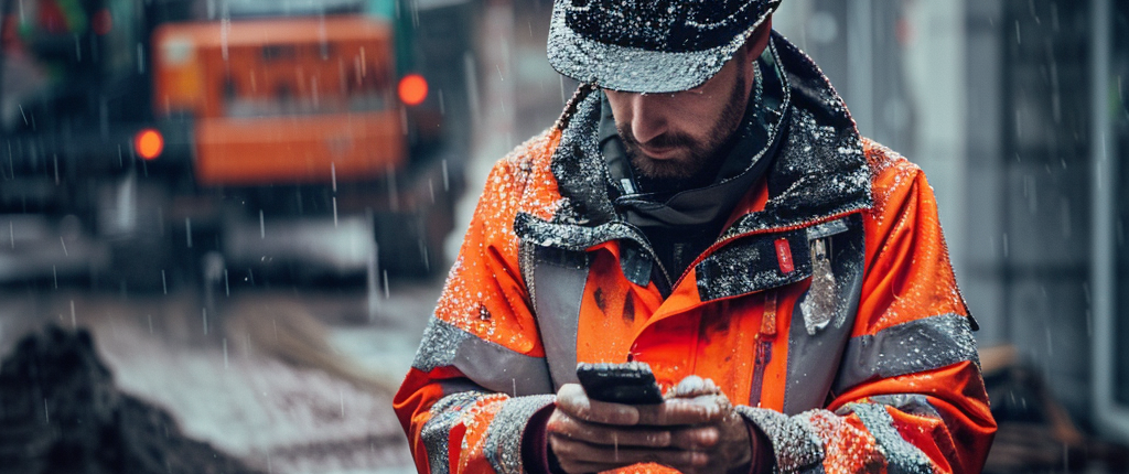 A man in orange hazard, outside, working in rugged weather conditions, holding a phone.