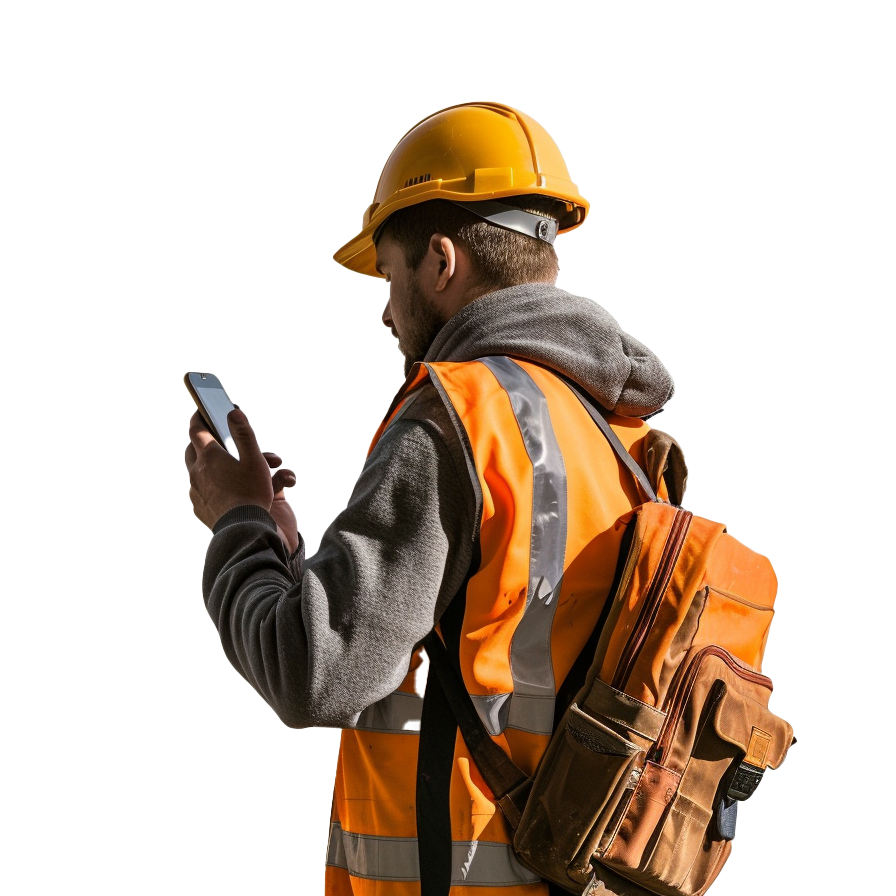 A working man , standing outside, looking down at his phone.