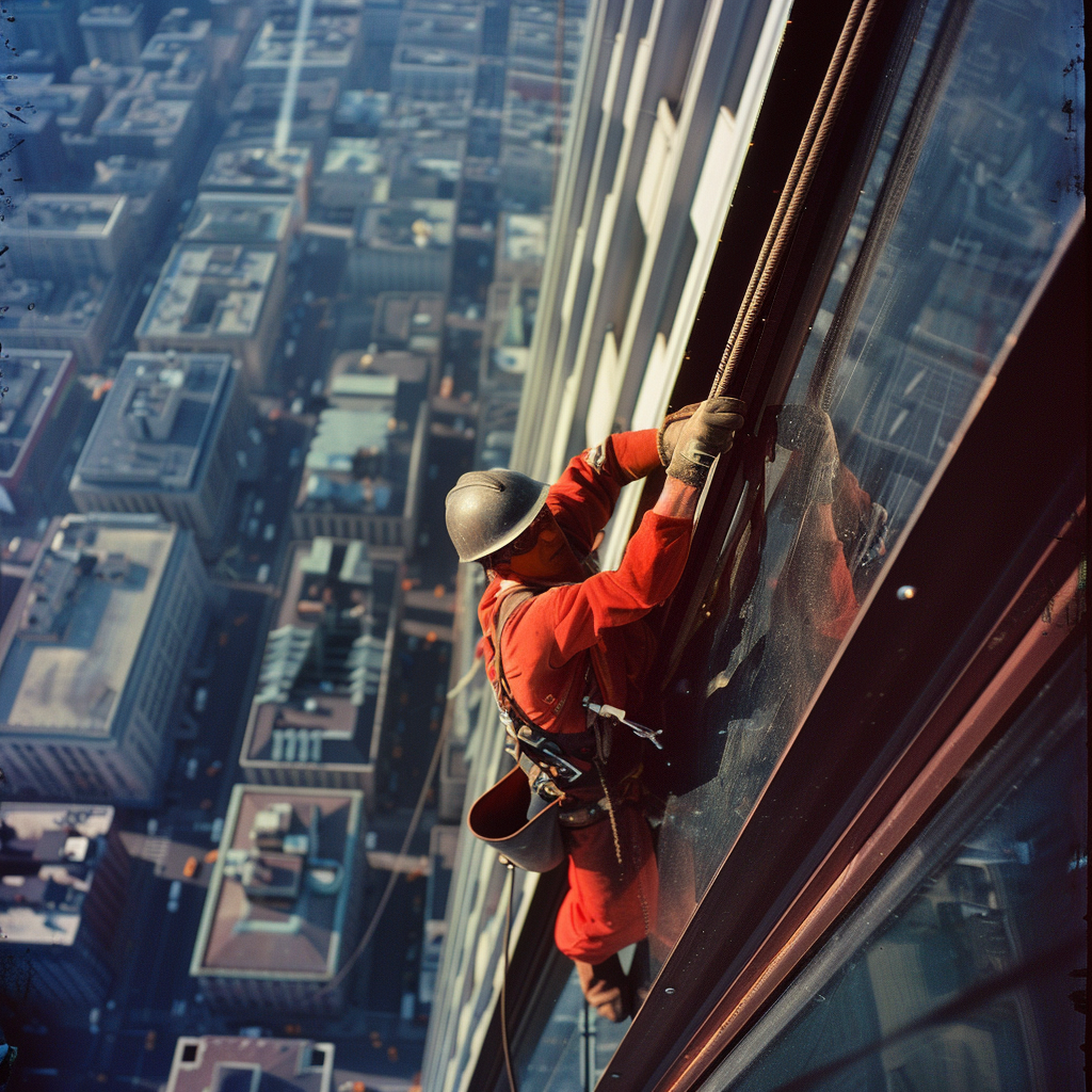 a window cleaner working on the side of a skyscraper, buildings can be seen down below.,