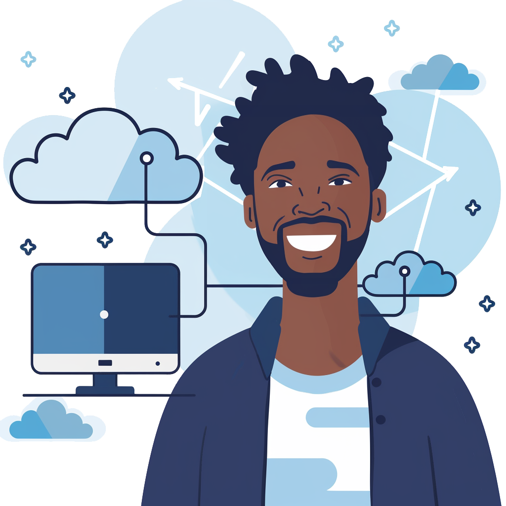 Vector Art style graphic of a man, smiling, behind him showing a computer connects to various clouds like a circuit, emphasizing interconnectivity.