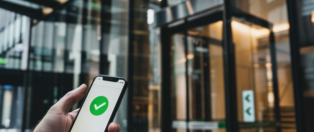 A person holding a phone at an office check in room, phone displays a checkmark implying hes been verified.