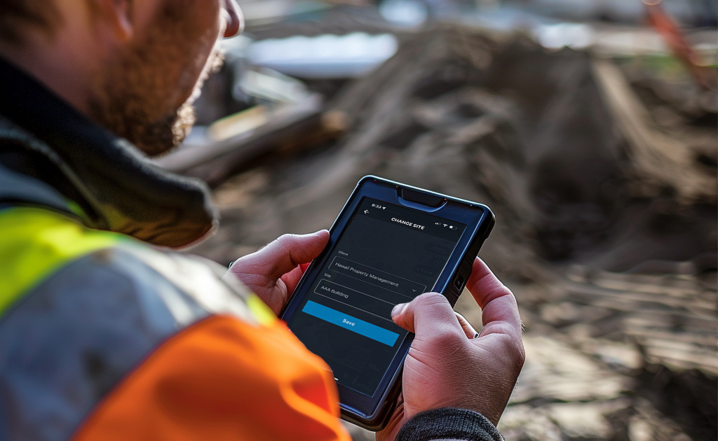 A man at a work site holding a rugged phone, using the MetricsGroup app