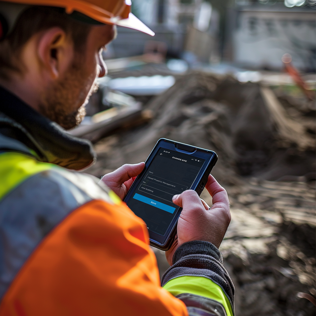 A man at a work site holding a rugged phone, using the MetricsGroup app