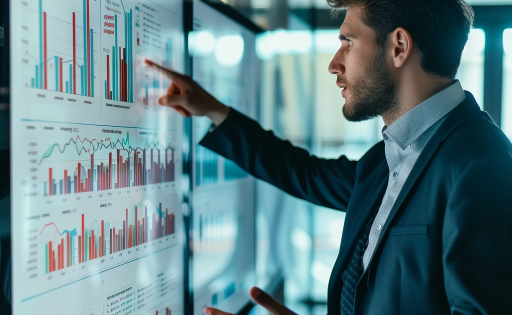 A man working in an office, pointing at a screen with various graphs and charts