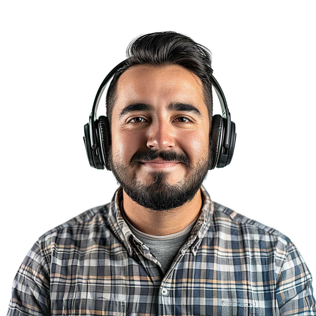 A man smiling, wearing headphones.