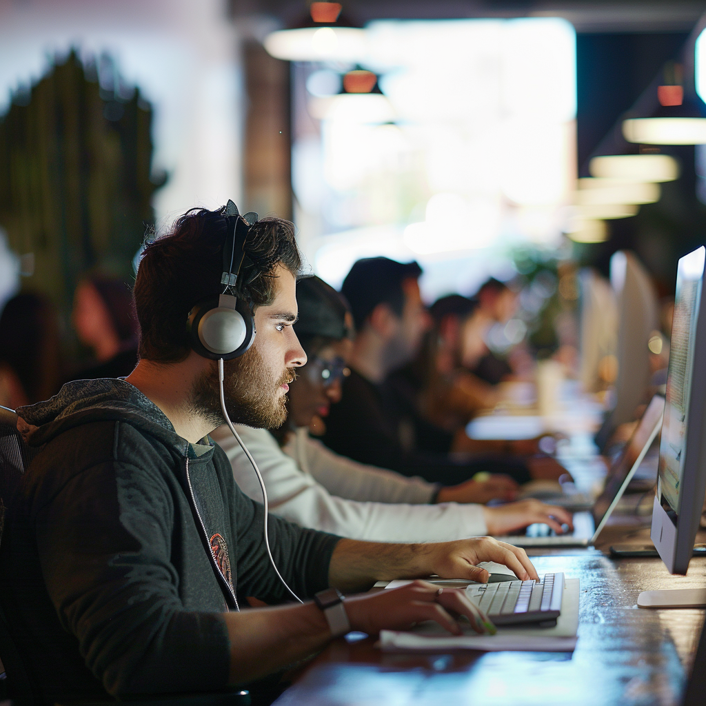 a man in a group setting, using a computer, wearing headphones.