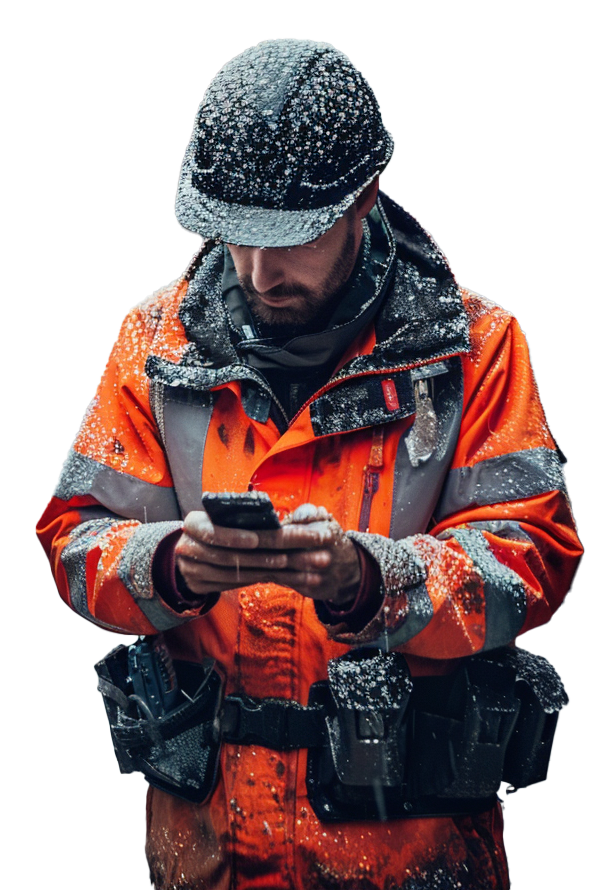 A man in orange hazard, outside, working in rugged weather conditions, holding a phone.