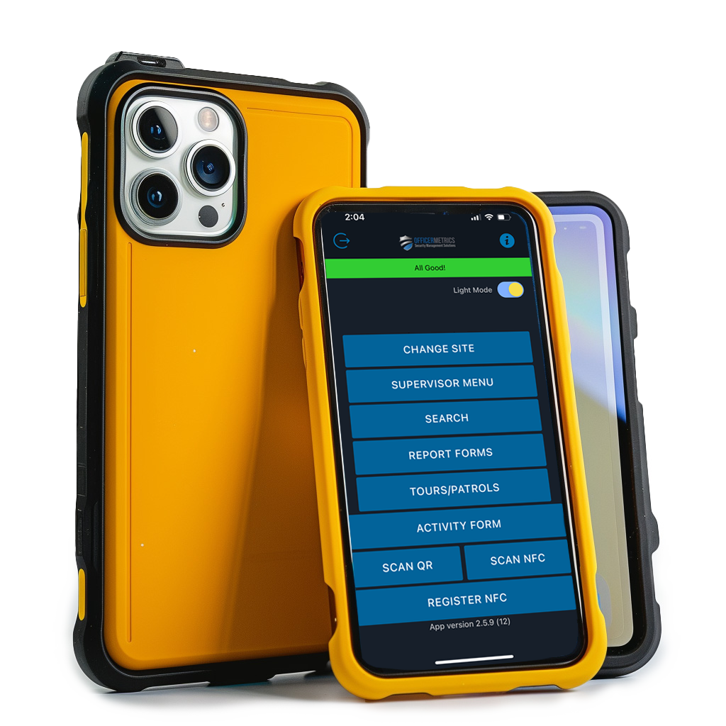 multiple phones with rugged cases, the center phone displaying the MetricsGoup mobile app home screen.