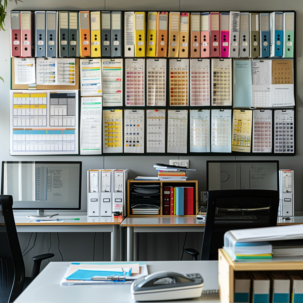 An office showing an organized array of folders and clipboards