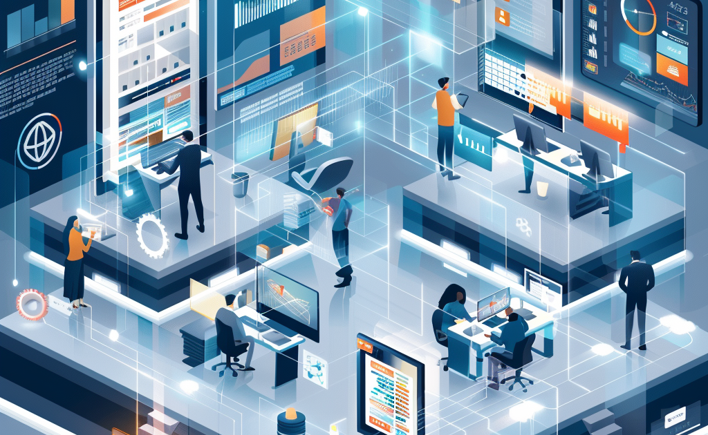 A vector style graphic showing workers in a high tech office, analyzing data trends.