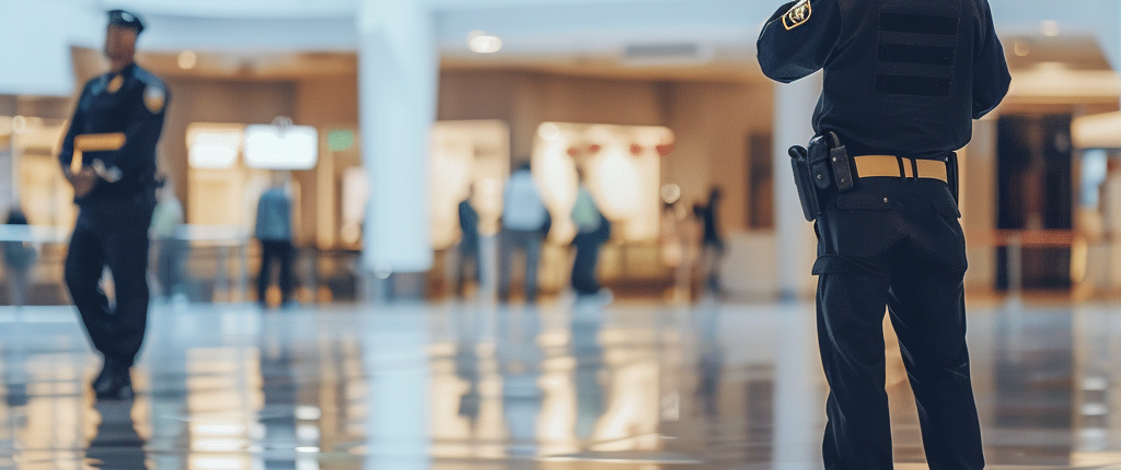 A security officer, in a mall, holding a phone scanning something, a map diagram at the bottom of the image